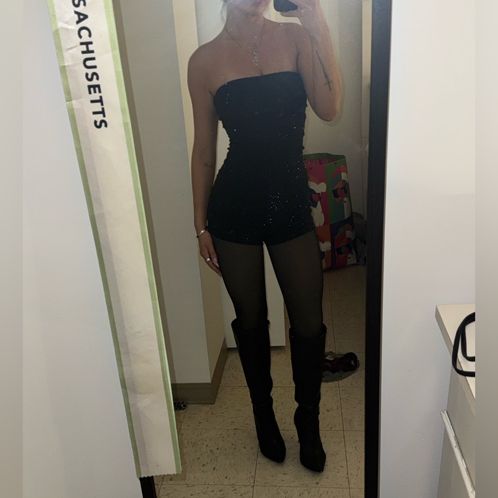 Black rhinestone Strapless Romper